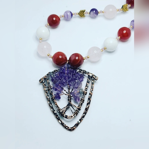 Rose Quartz, Red Agate, Howlite Amethyst Pendant necklace - Picture 2 of 7
